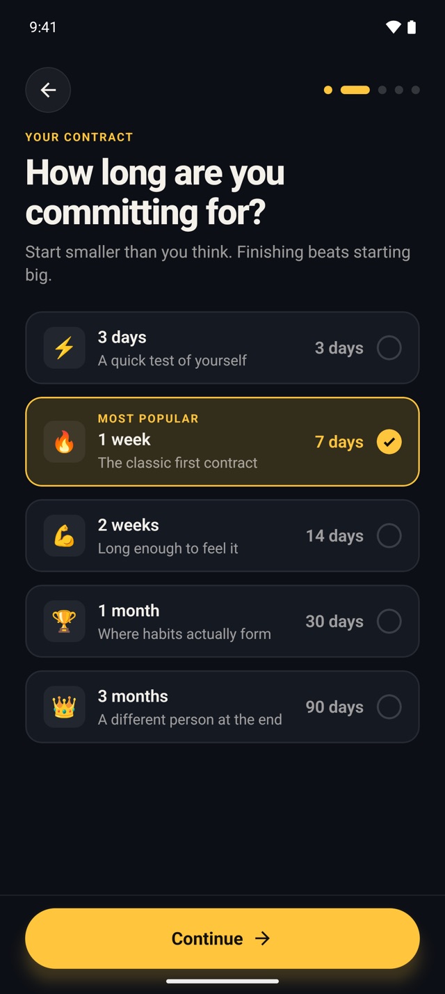 Choosing how long the contract runs, with 1 week selected